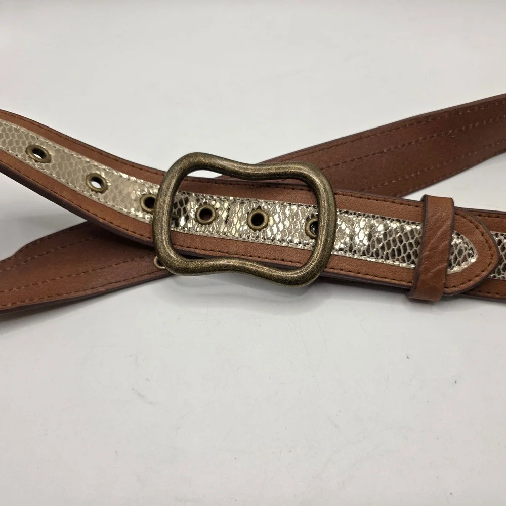 Chicos Brown Leather Metallic Snakeskin Print Belt Brass Buckle Size M RN 79984